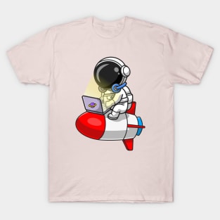 Cute Astronaut Working With Laptop On Rocket Cartoon T-Shirt